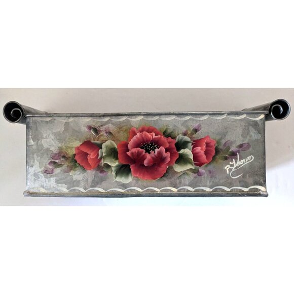 Hand Painted Signed Floral Galvanized Metal Box Planter Home Decor Farmhouse - Picture 2 of 9